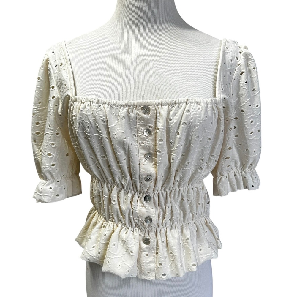 Forever 21‎ Cream Eyelet Floral Crop Top Smocked Puff Sleeve M Coquette Milkmaid